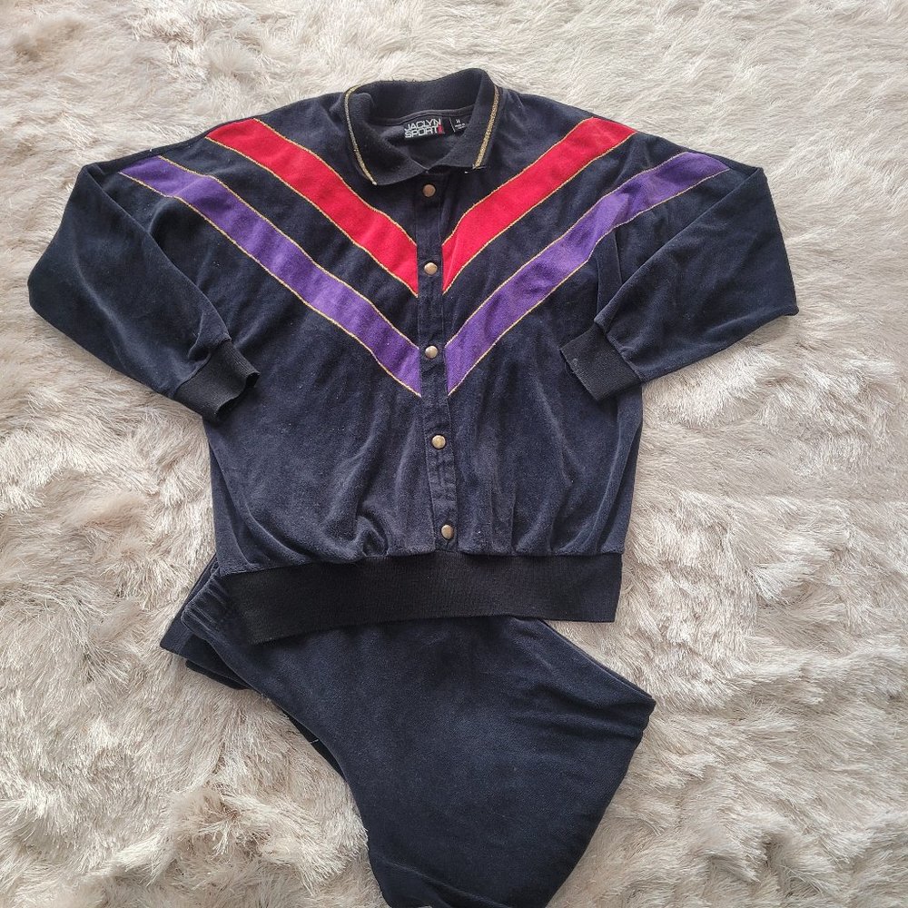 Vintage Womens Jaclyn Sport 80s Sweater Elastic Pants Set Chevron Blue Sz M